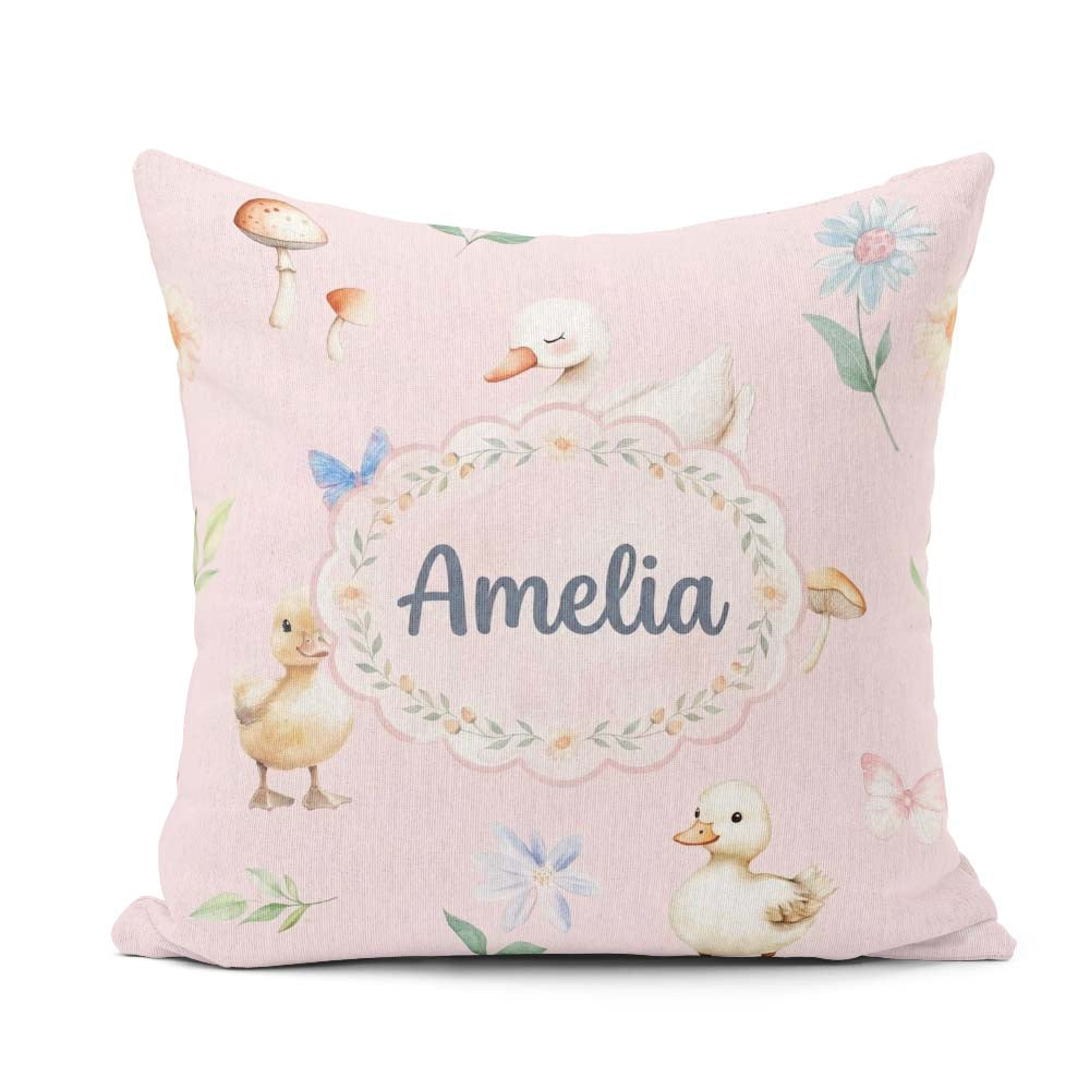 Custom Name Swan and Ducklings with Mushrooms Soft Pink Seamless Square Filled Cushion Throw Pillow Sofa Bed Home Decor Zip Washable UK Made