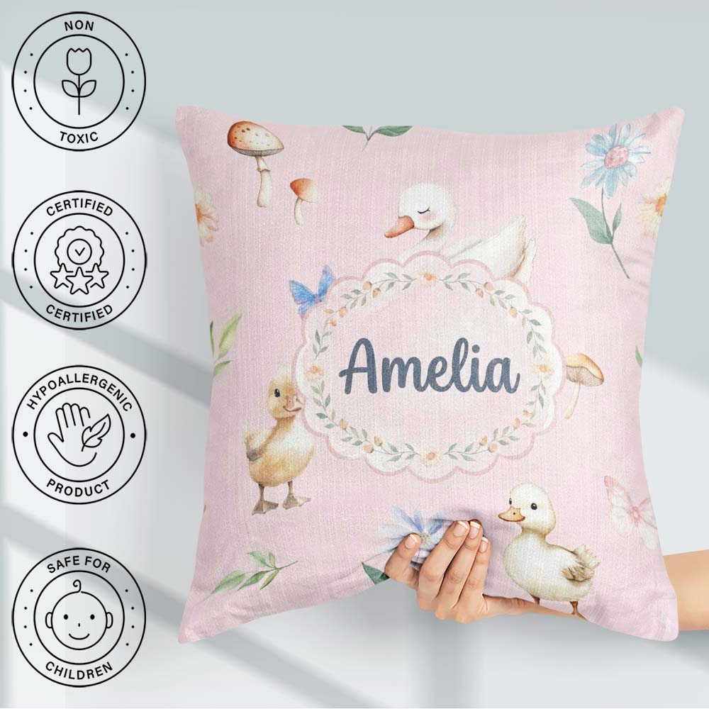 Custom Name Swan and Ducklings with Mushrooms Soft Pink Seamless Square Filled Cushion Throw Pillow Sofa Bed Home Decor Zip Washable UK Made