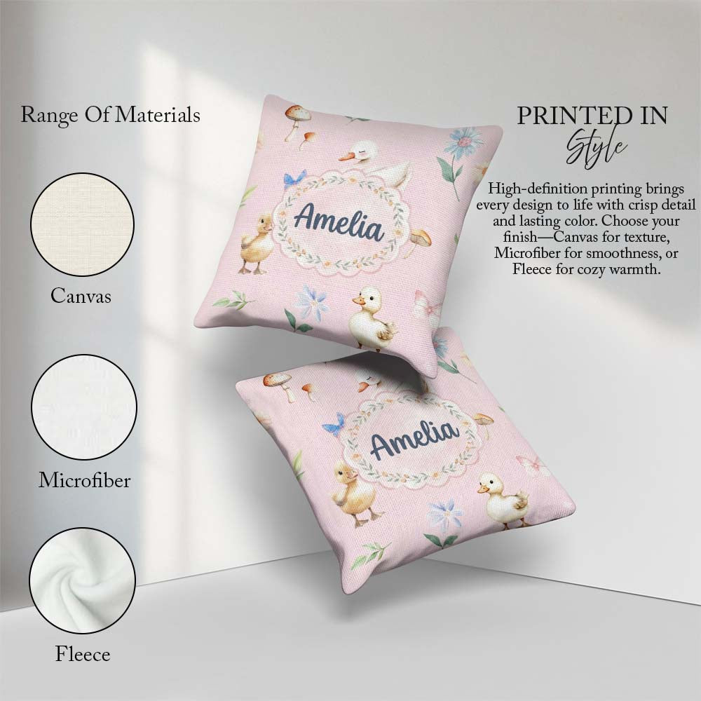 Custom Name Swan and Ducklings with Mushrooms Soft Pink Seamless Square Filled Cushion Throw Pillow Sofa Bed Home Decor Zip Washable UK Made