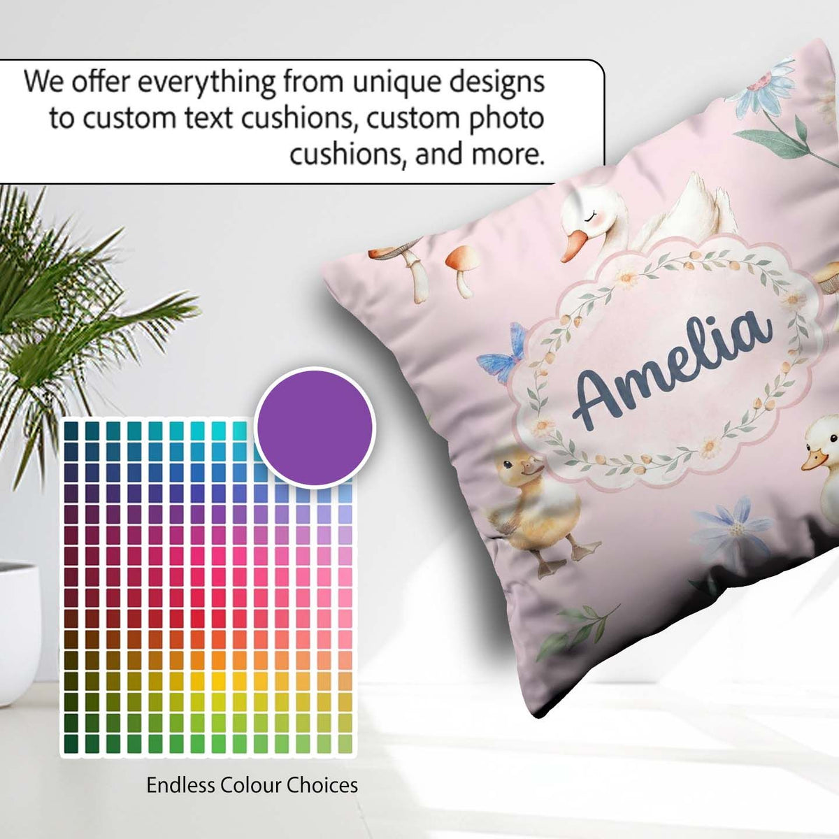 Custom Name Swan and Ducklings with Mushrooms Soft Pink Seamless Square Filled Cushion Throw Pillow Sofa Bed Home Decor Zip Washable UK Made