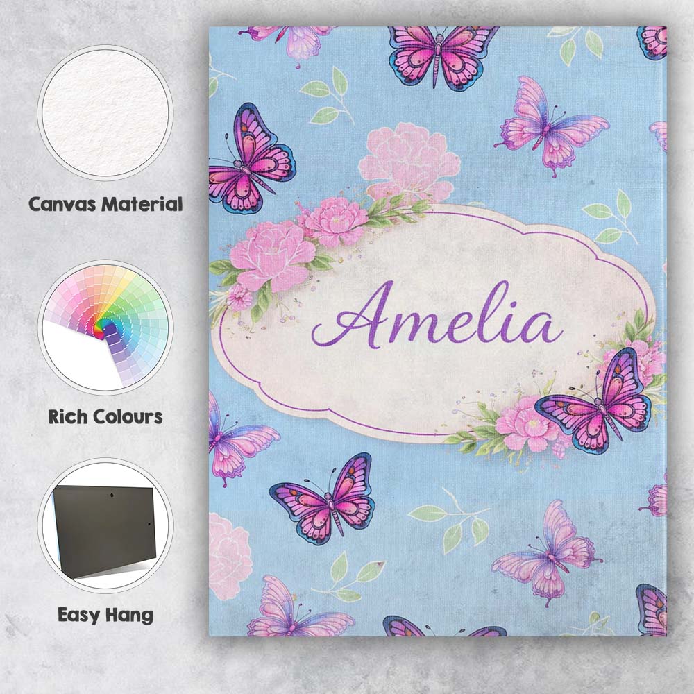 Personalised Name Vibrant Pink Purple Butterflies Sky Blue Seamless Custom Canvas Wall Art Print Decor Picture Ready to Hang
