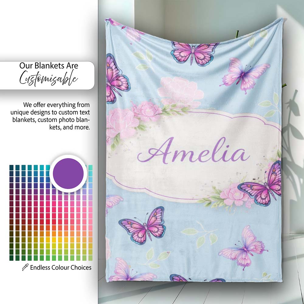 Vibrant Pink Purple Butterflies Sky Blue Seamless Pattern Lovely Personalised Custom Name Super Soft Fleece Blanket Bed Sofa Throw