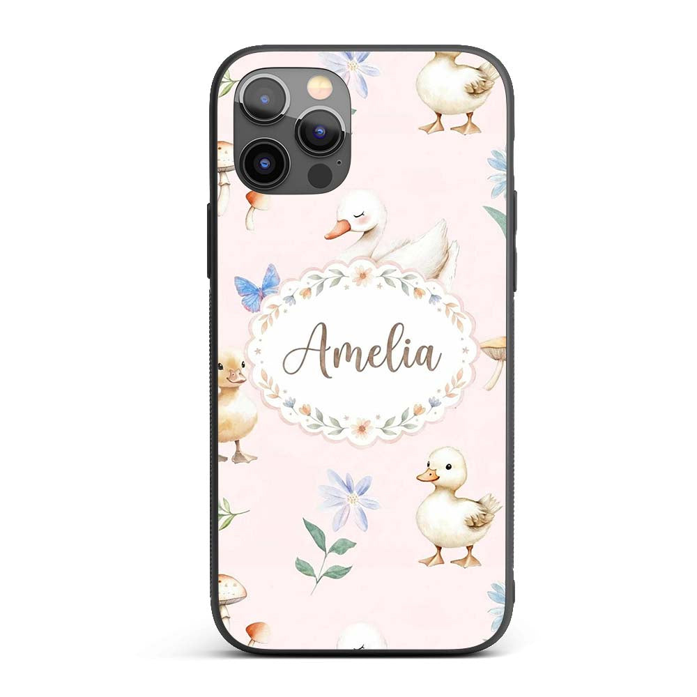 Swan and Ducklings with Flowers Mushrooms Soft Custom Name Protective Phone Case Mobile Cover Durable Everyday Smartphone Shock Resistant