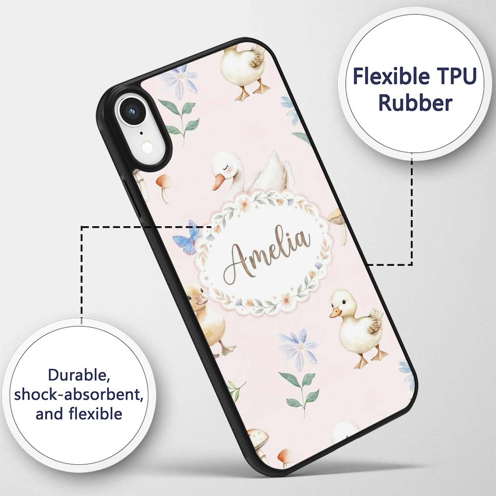 Swan and Ducklings with Flowers Mushrooms Soft Custom Name Protective Phone Case Mobile Cover Durable Everyday Smartphone Shock Resistant