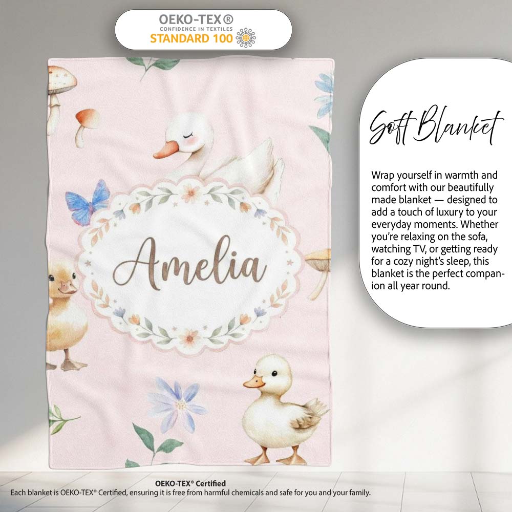 Swan and Ducklings with Flowers Mushrooms Soft Blush Seamless Personalised Custom Name Super Soft Fleece Blanket Bed Sofa Throw