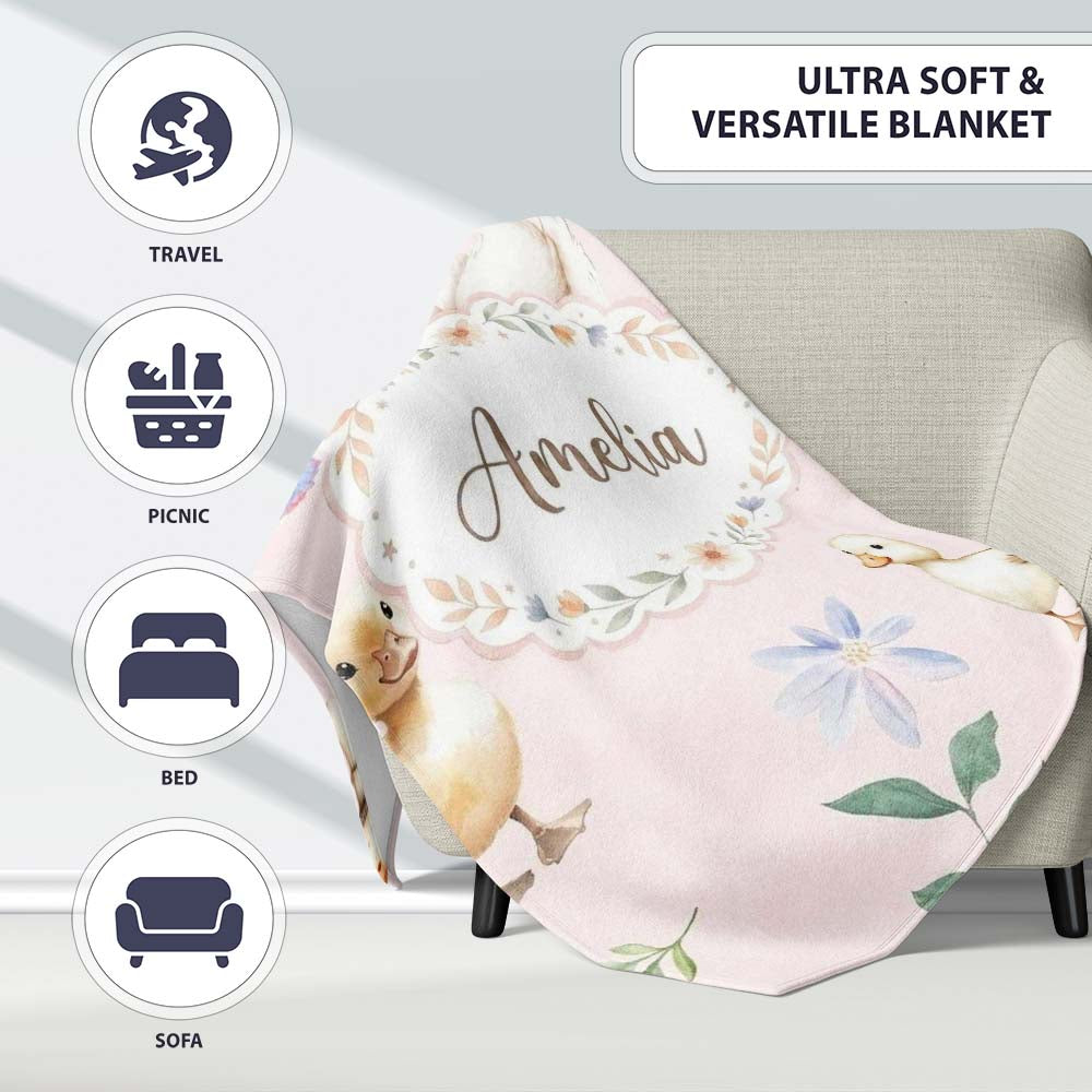 Swan and Ducklings with Flowers Mushrooms Soft Blush Seamless Personalised Custom Name Super Soft Fleece Blanket Bed Sofa Throw