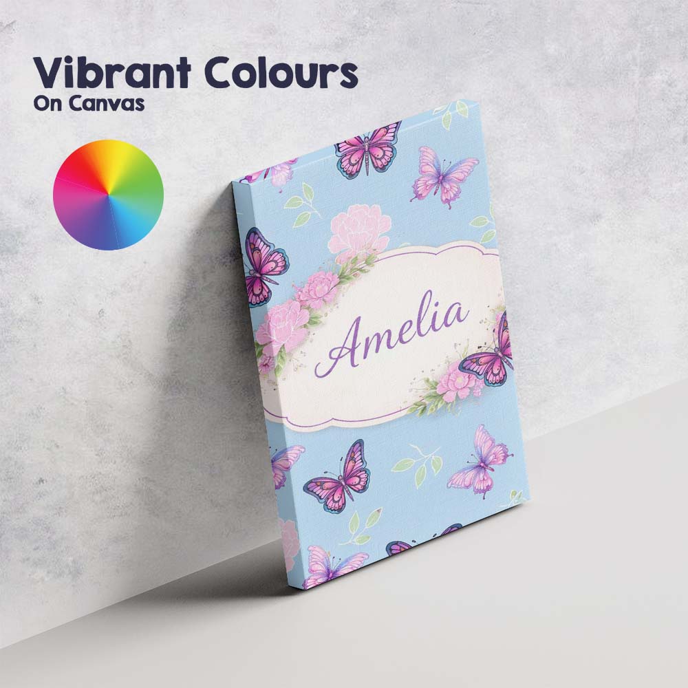 Personalised Name Vibrant Pink Purple Butterflies Sky Blue Seamless Custom Canvas Wall Art Print Decor Picture Ready to Hang