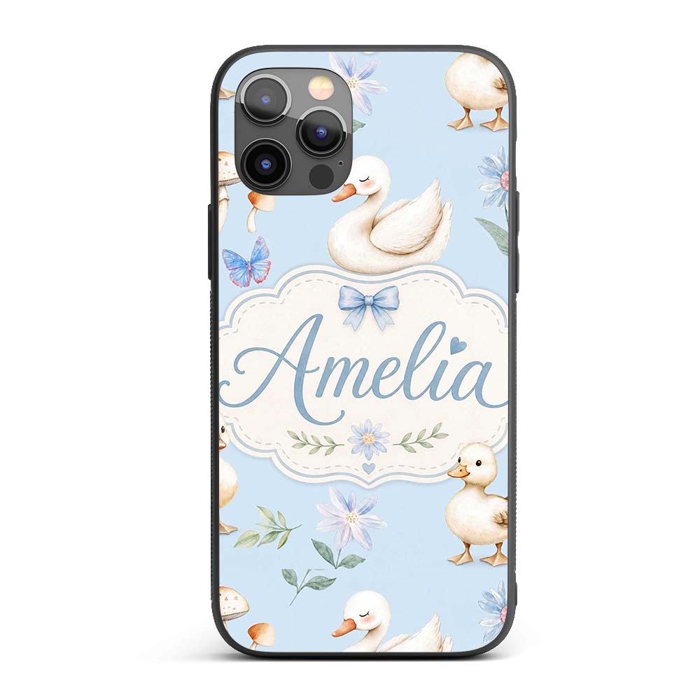 Swan and Ducklings with Flowers Mushrooms Soft Custom Name Protective Phone Case Mobile Cover Durable Everyday Smartphone Shock Resistant