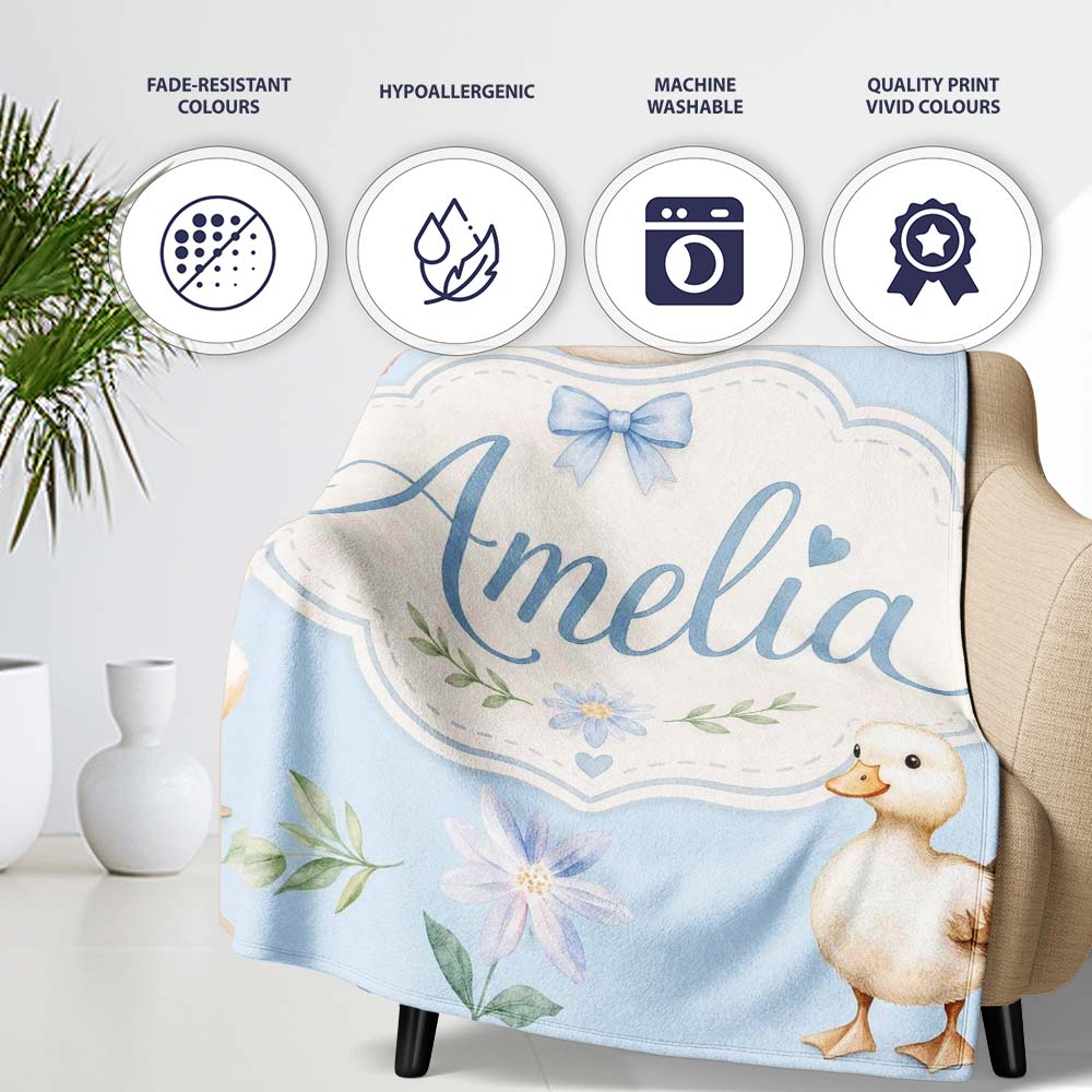 Swan and Ducklings with Flowers Mushrooms Soft Blue Seamless Personalised Custom Name Super Soft Fleece Blanket Bed Sofa Throw