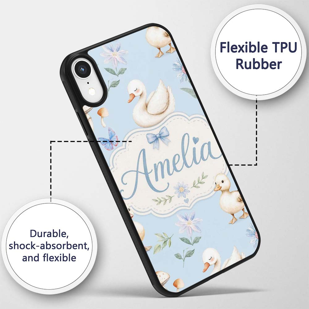 Swan and Ducklings with Flowers Mushrooms Soft Custom Name Protective Phone Case Mobile Cover Durable Everyday Smartphone Shock Resistant