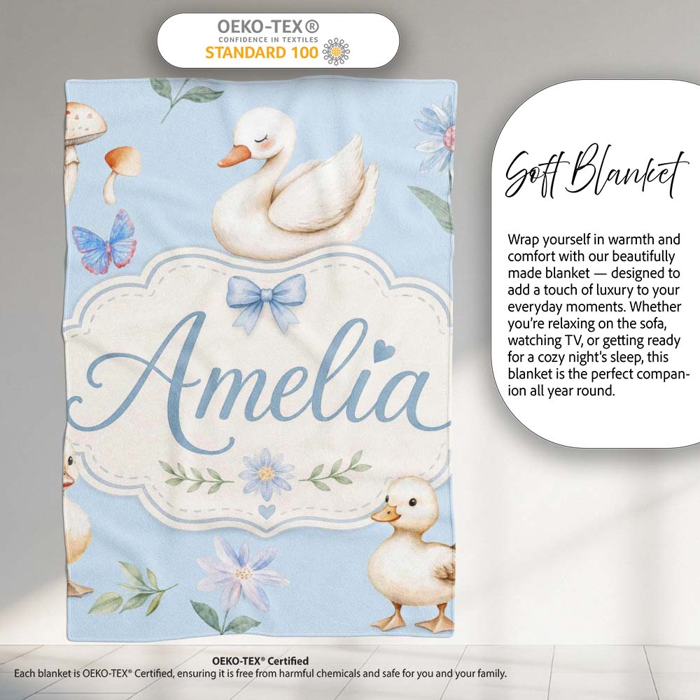 Swan and Ducklings with Flowers Mushrooms Soft Blue Seamless Personalised Custom Name Super Soft Fleece Blanket Bed Sofa Throw