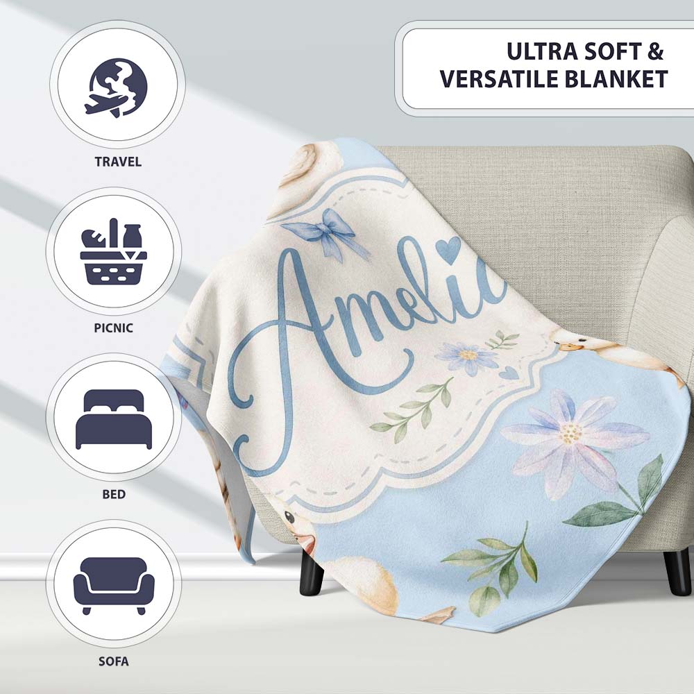 Swan and Ducklings with Flowers Mushrooms Soft Blue Seamless Personalised Custom Name Super Soft Fleece Blanket Bed Sofa Throw