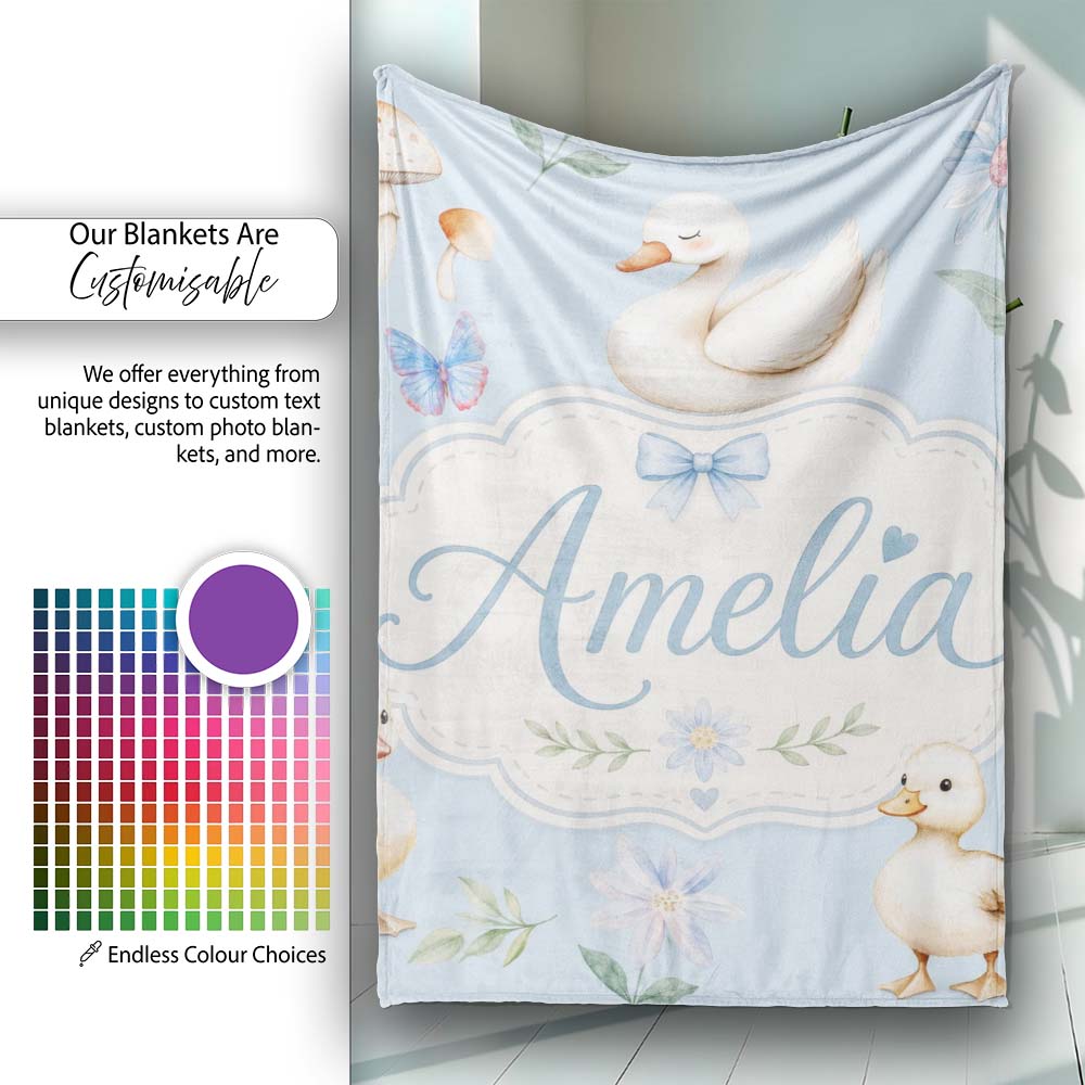 Swan and Ducklings with Flowers Mushrooms Soft Blue Seamless Personalised Custom Name Super Soft Fleece Blanket Bed Sofa Throw