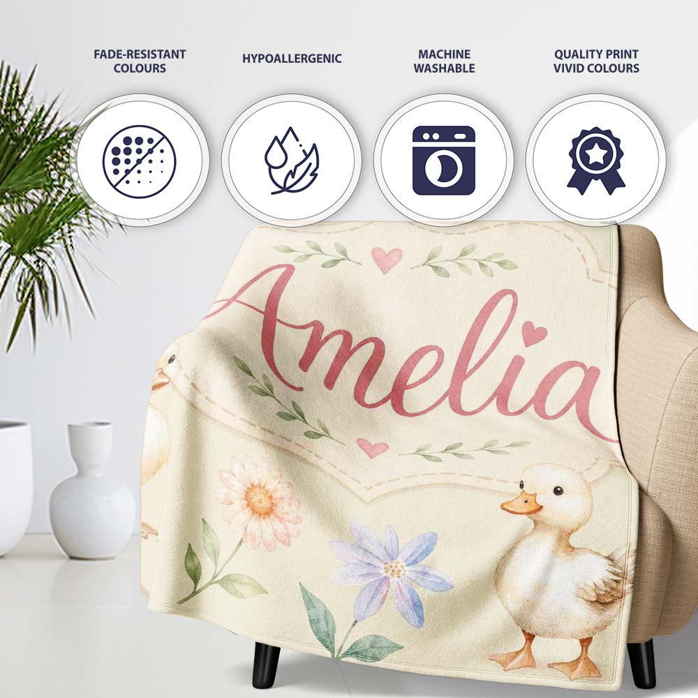Swan and Ducklings with Flowers Mushrooms Soft Olive Seamless Personalised Custom Name Super Soft Fleece Blanket Bed Sofa Throw