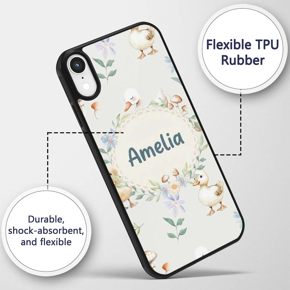 Swan and Ducklings with Flowers Mushrooms Soft Custom Name Protective Phone Case Mobile Cover Durable Everyday Smartphone Shock Resistant