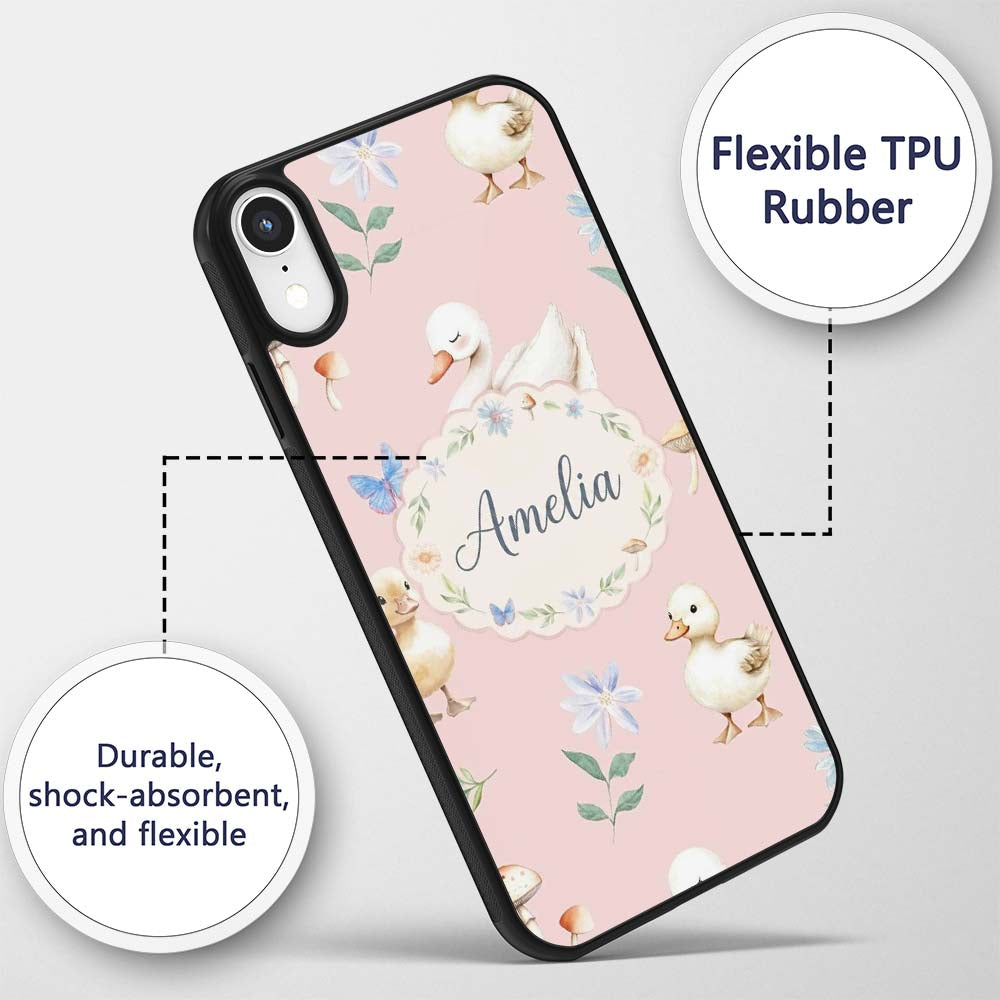 Swan and Ducklings with Flowers Mushrooms Soft Custom Name Protective Phone Case Mobile Cover Durable Everyday Smartphone Shock Resistant