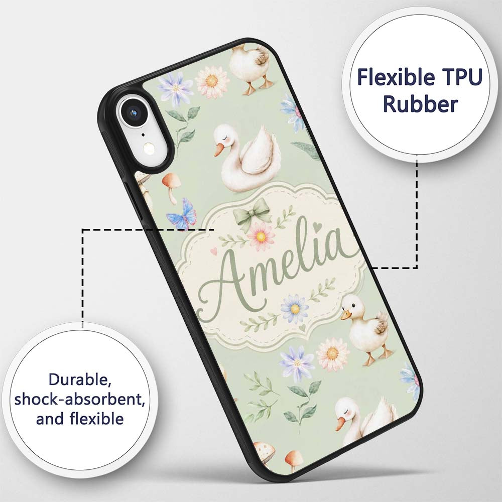 Swan and Ducklings with Flowers Mushrooms Soft Custom Name Protective Phone Case Mobile Cover Durable Everyday Smartphone Shock Resistant