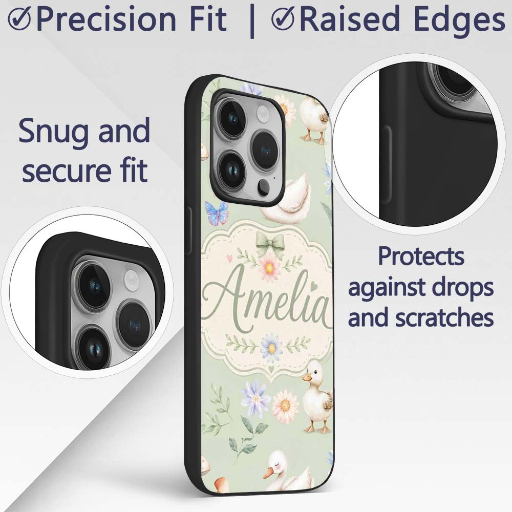 Swan and Ducklings with Flowers Mushrooms Soft Custom Name Protective Phone Case Mobile Cover Durable Everyday Smartphone Shock Resistant