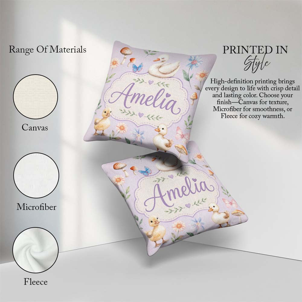 Custom Name Swan and Ducklings with Flowers Mushrooms Soft Lilac Square Filled Cushion Throw Pillow Sofa Bed Home Decor Zip Washable UK Made