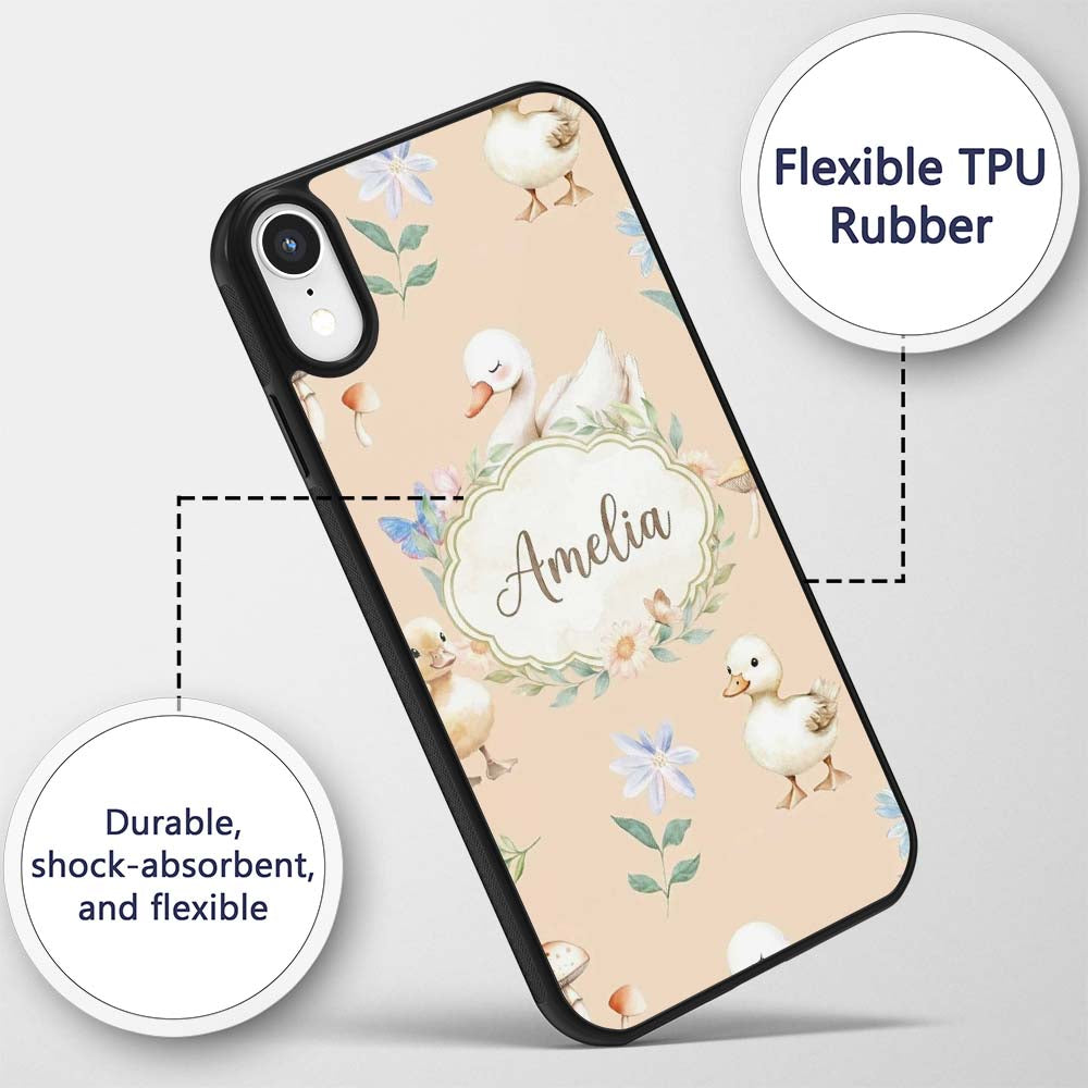 Swan and Ducklings with Flowers Mushrooms Soft Custom Name Protective Phone Case Mobile Cover Durable Everyday Smartphone Shock Resistant