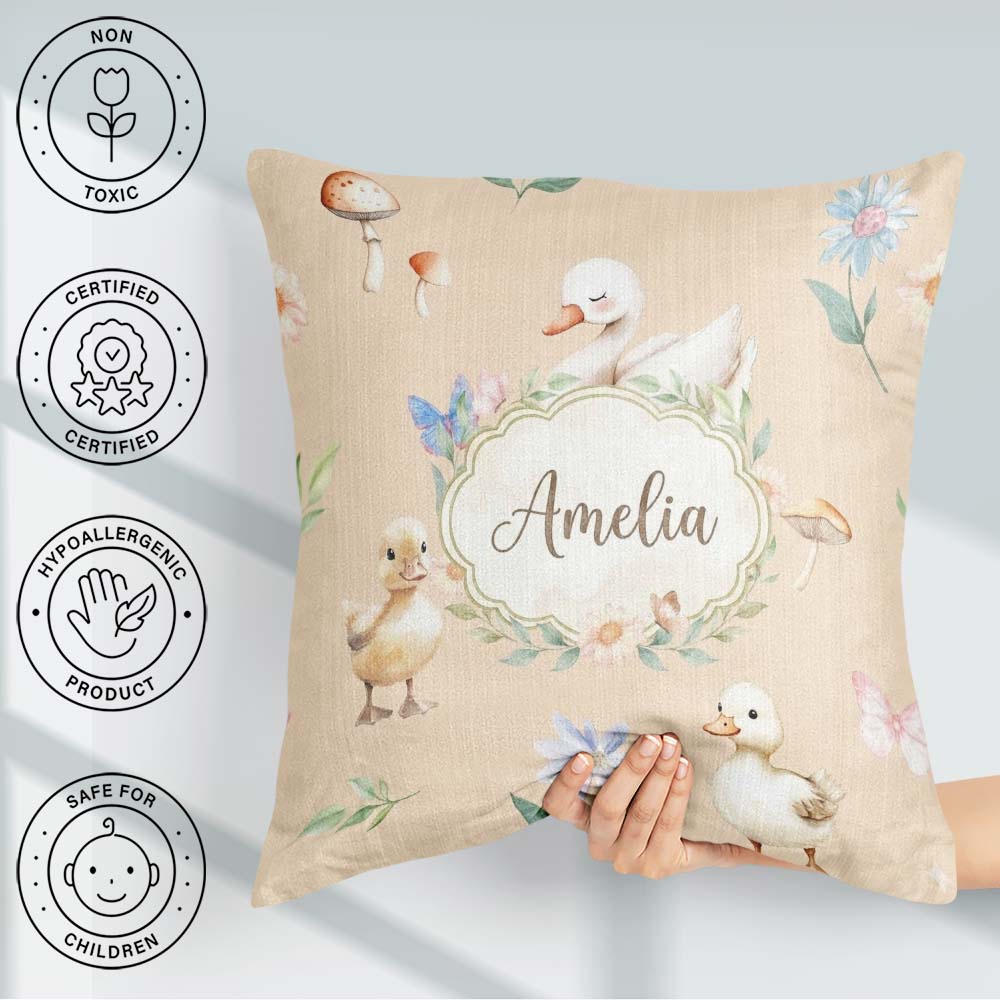 Custom Name Swan and Ducklings with Flowers Mushrooms Soft Beige Square Filled Cushion Throw Pillow Sofa Bed Home Decor Zip Washable UK Made