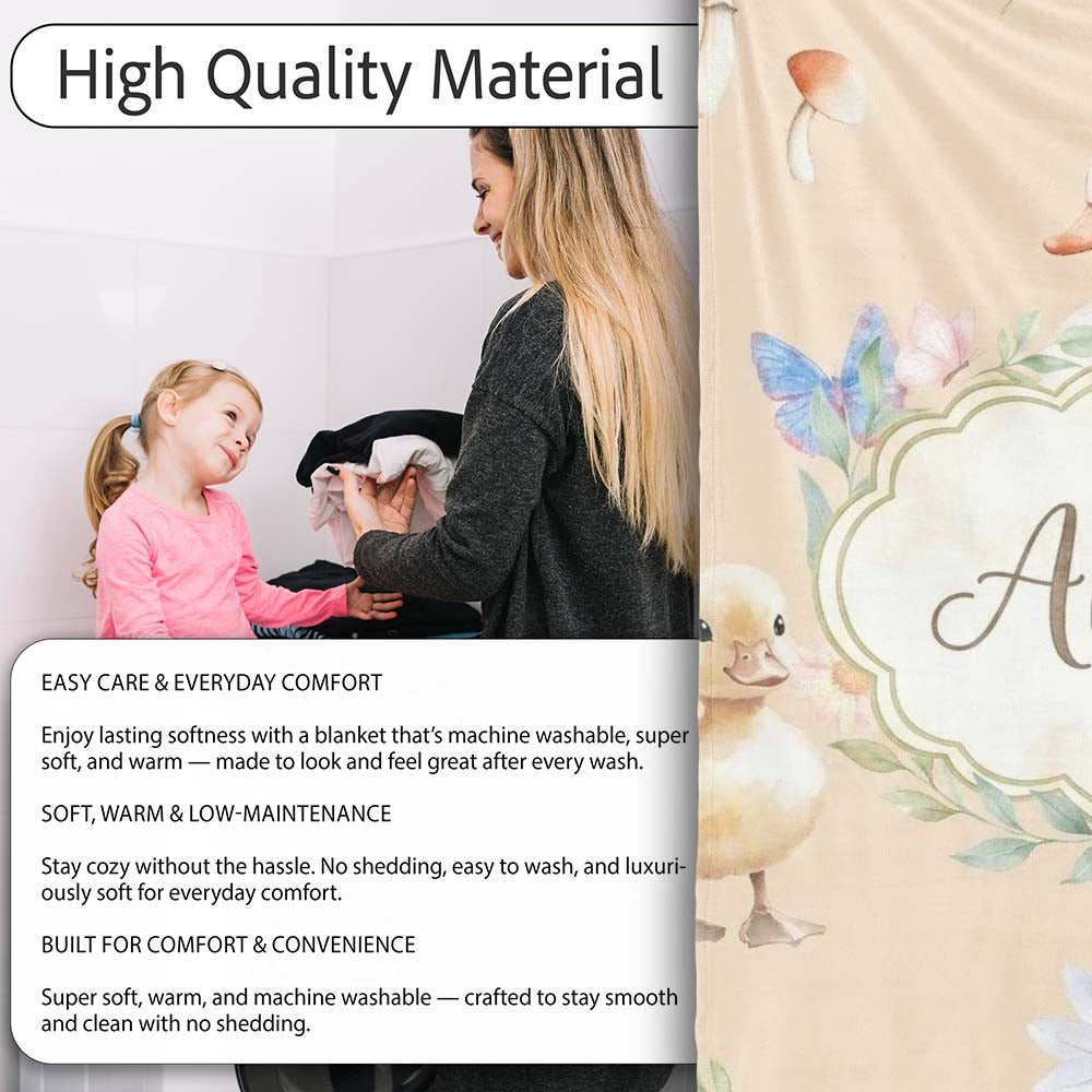 Swan and Ducklings with Flowers Mushrooms Soft Beige Seamless Personalised Custom Name Super Soft Fleece Blanket Bed Sofa Throw