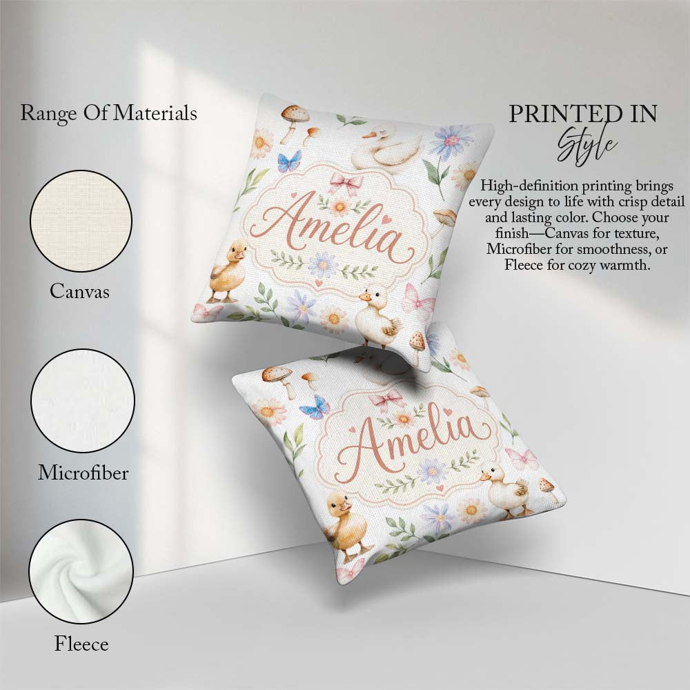 Custom Name Swan and Ducklings with Flowers Mushrooms Soft White Square Filled Cushion Throw Pillow Sofa Bed Home Decor Zip Washable UK Made