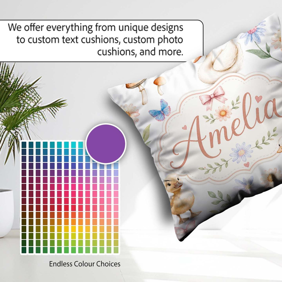 Custom Name Swan and Ducklings with Flowers Mushrooms Soft White Square Filled Cushion Throw Pillow Sofa Bed Home Decor Zip Washable UK Made