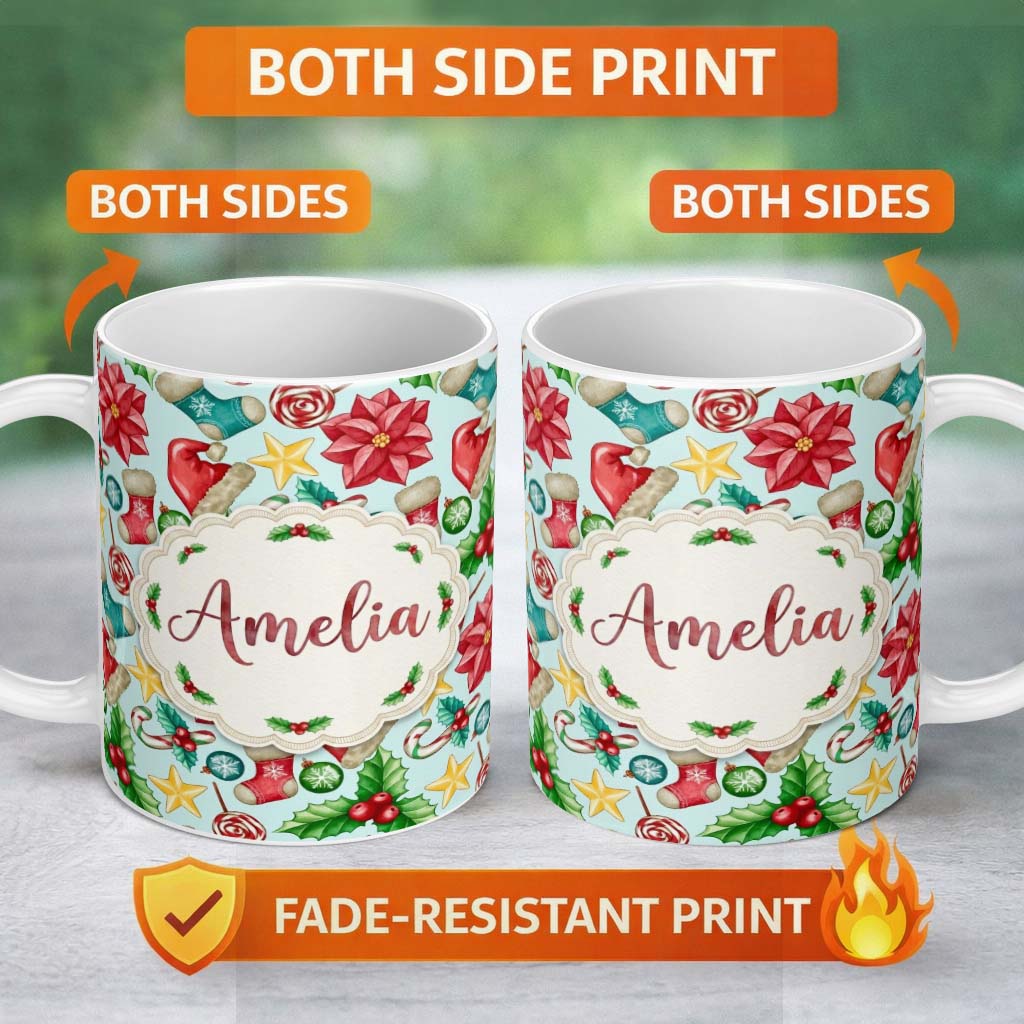 Personalized Custom Name Cute Christmas Poinsettia Holly Candy Cane Festive Seamless Pattern 11oz Ceramic Coffee Tea Mug White Large Handle
