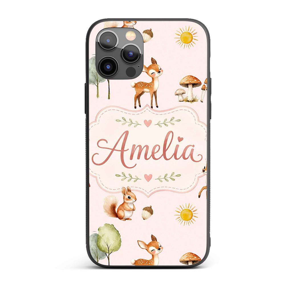 Woodland Deer Fox Squirrel with Trees Mushrooms Custom Name Protective Phone Case Mobile Cover Durable Everyday Smartphone Shock Resistant