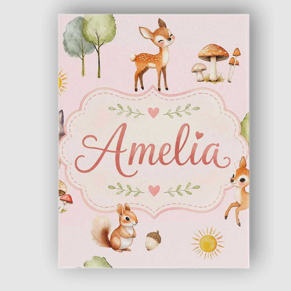 Personalised Name Woodland Deer Fox Squirrel Custom Bespoke Contemporary Display Canvas Wall Art Print Decor Picture Ready to Hang