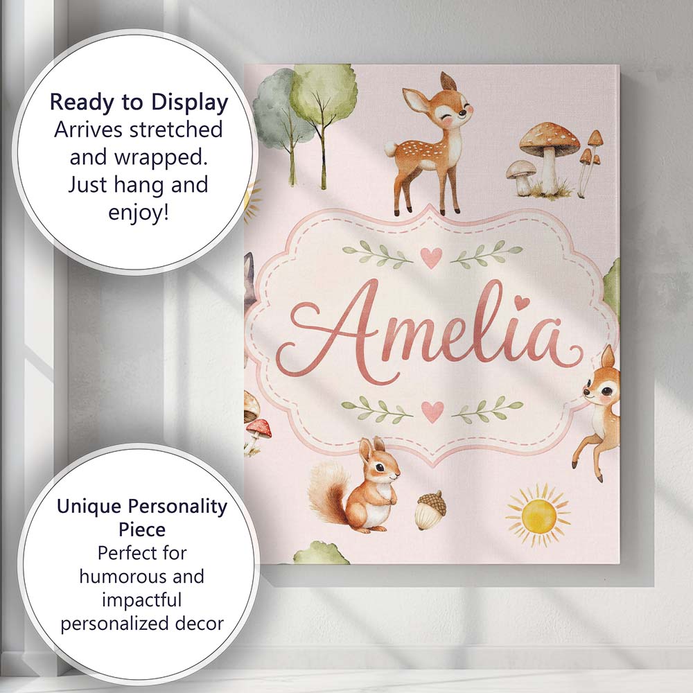 Personalised Name Woodland Deer Fox Squirrel Custom Bespoke Contemporary Display Canvas Wall Art Print Decor Picture Ready to Hang