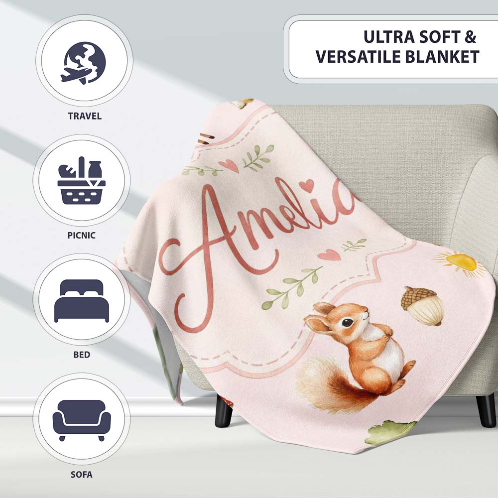 Woodland Deer Fox Squirrel with Trees Mushrooms Soft Pink Seamless Personalised Custom Name Super Soft Fleece Blanket Bed Sofa Throw
