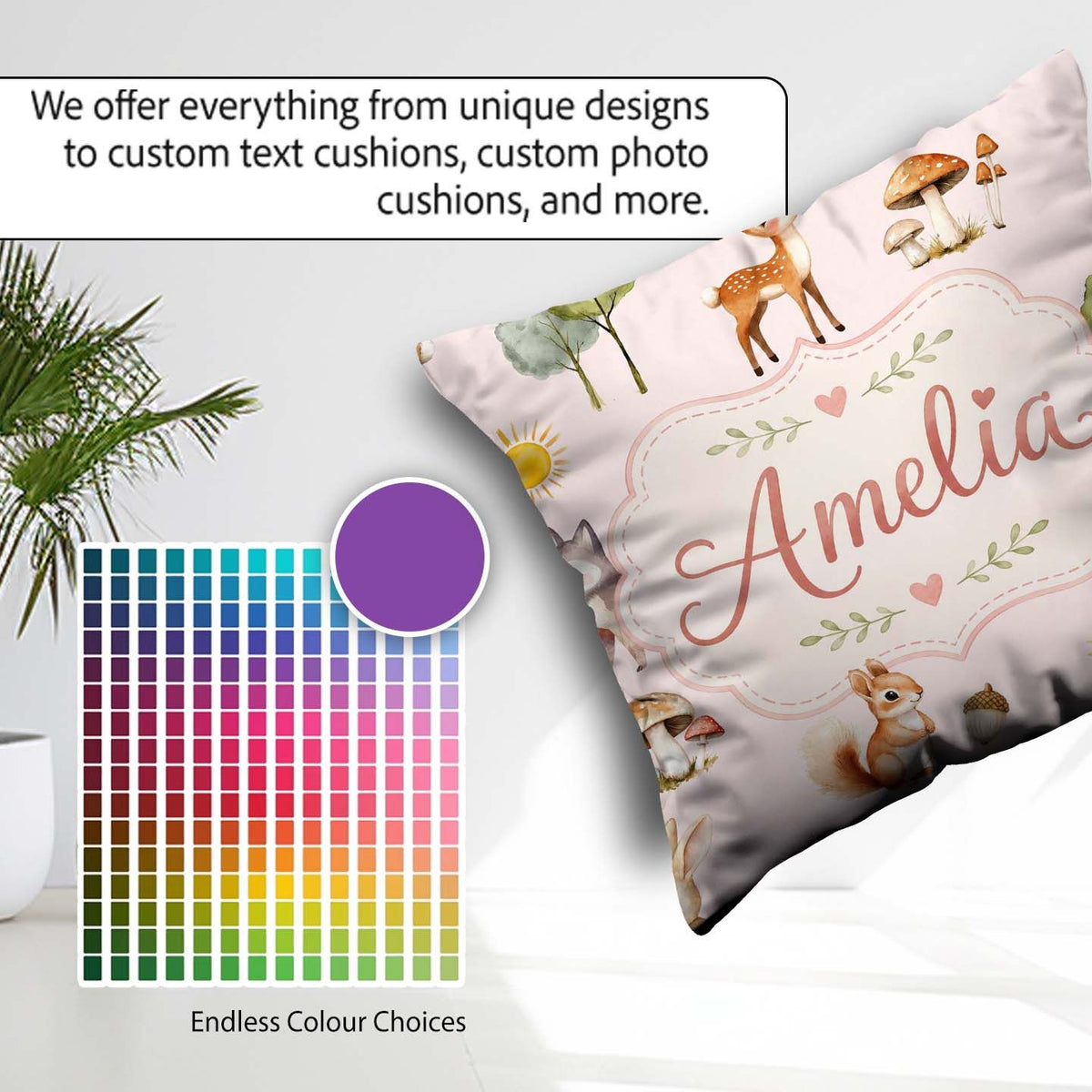 Custom Name Woodland Deer Fox Squirrel with Trees Mushrooms Soft Square Filled Cushion Throw Pillow Sofa Bed Home Decor Zip Washable UK Made