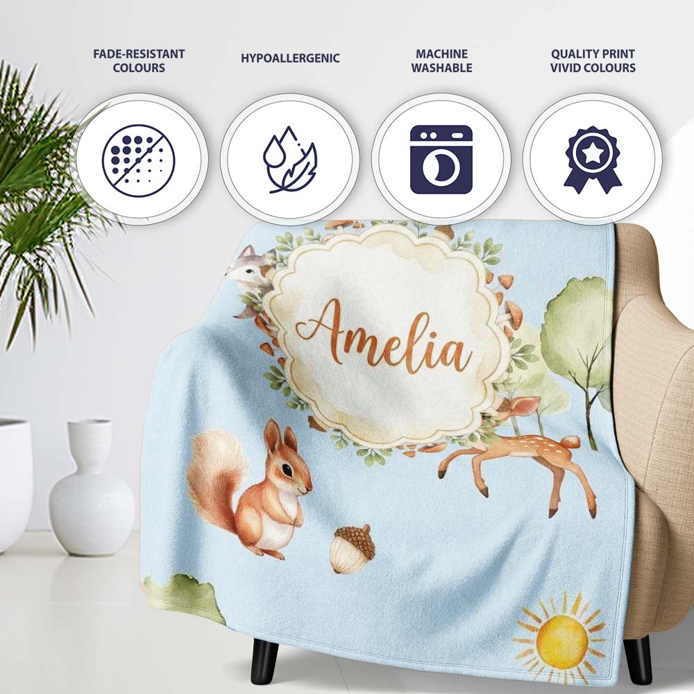 Woodland Deer Fox Squirrel Trees Mushrooms Sun Soft Blue Seamless Personalised Custom Name Super Soft Fleece Blanket Bed Sofa Throw