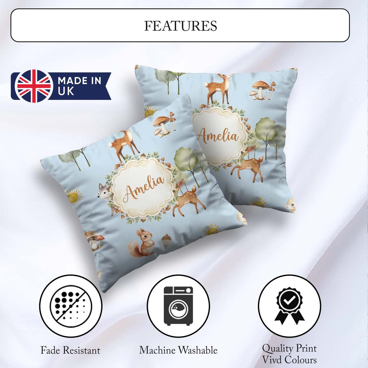 Custom Name Woodland Deer Fox Squirrel Trees Mushrooms Soft Blue Square Filled Cushion Throw Pillow Sofa Bed Home Decor Zip Washable UK Made