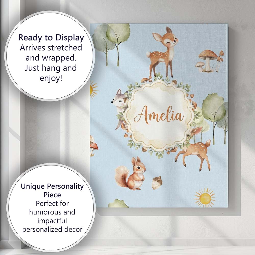 Personalised Name Woodland Deer Fox Squirrel Custom Bespoke Contemporary Display Canvas Wall Art Print Decor Picture Ready to Hang