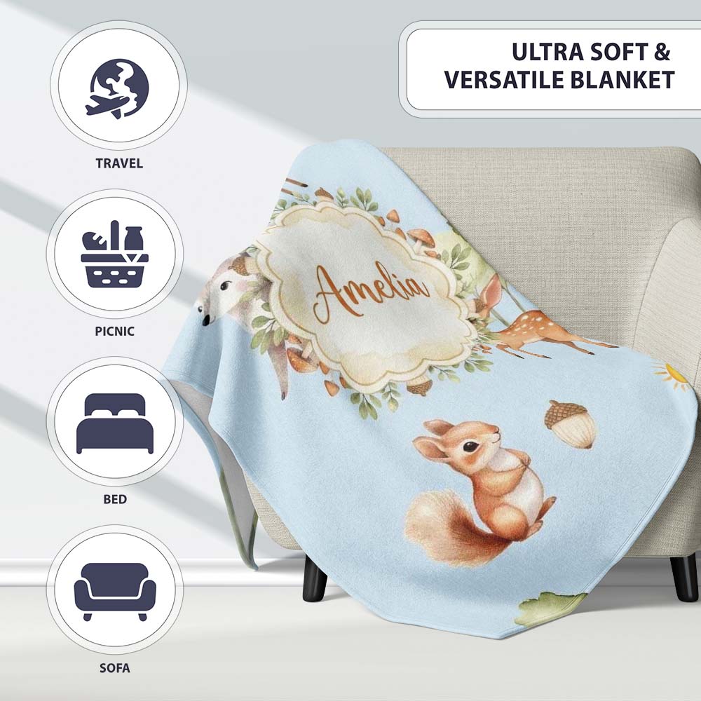 Woodland Deer Fox Squirrel Trees Mushrooms Sun Soft Blue Seamless Personalised Custom Name Super Soft Fleece Blanket Bed Sofa Throw