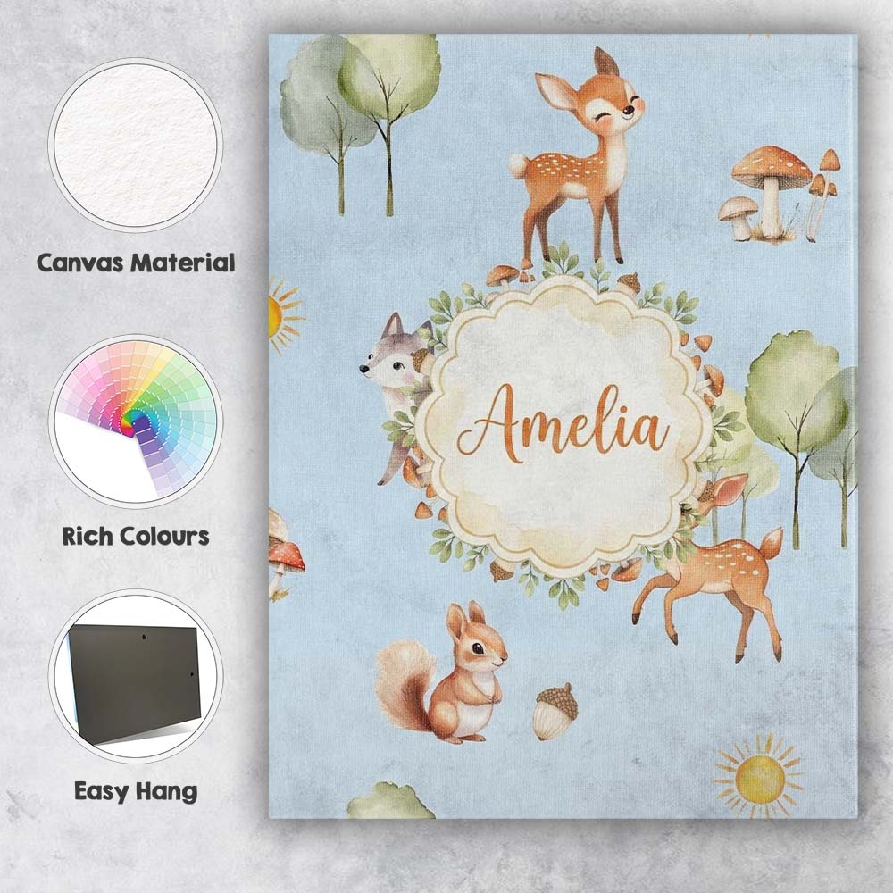 Personalised Name Woodland Deer Fox Squirrel Custom Bespoke Contemporary Display Canvas Wall Art Print Decor Picture Ready to Hang