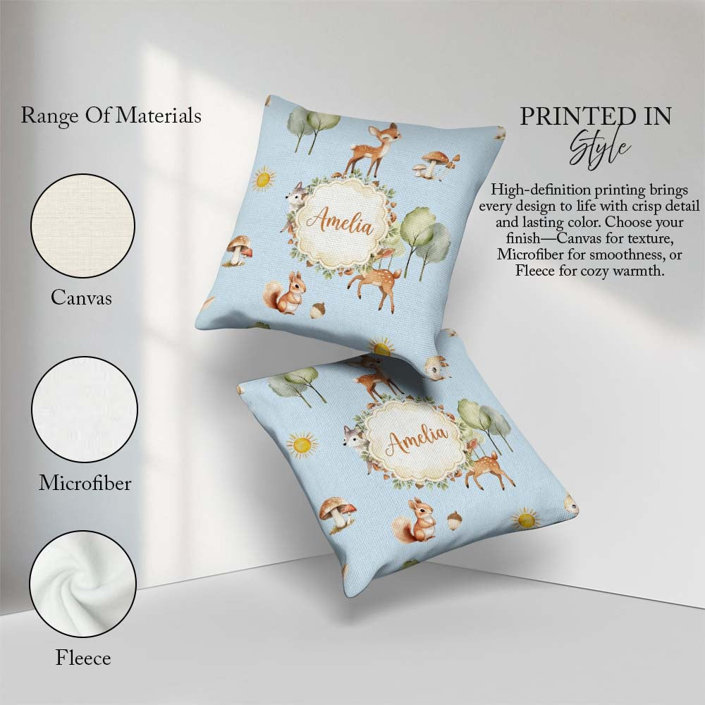 Custom Name Woodland Deer Fox Squirrel Trees Mushrooms Soft Blue Square Filled Cushion Throw Pillow Sofa Bed Home Decor Zip Washable UK Made