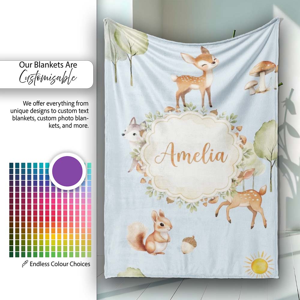 Woodland Deer Fox Squirrel Trees Mushrooms Sun Soft Blue Seamless Personalised Custom Name Super Soft Fleece Blanket Bed Sofa Throw