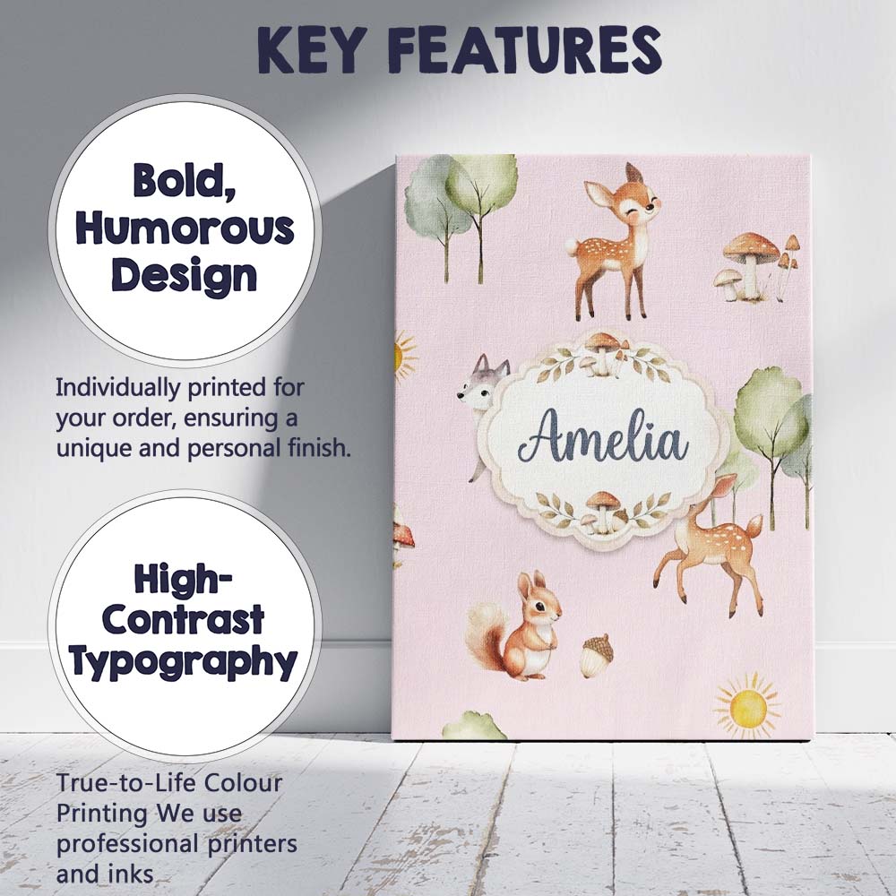 Personalised Name Woodland Deer Fox Squirrel Custom Bespoke Contemporary Display Canvas Wall Art Print Decor Picture Ready to Hang