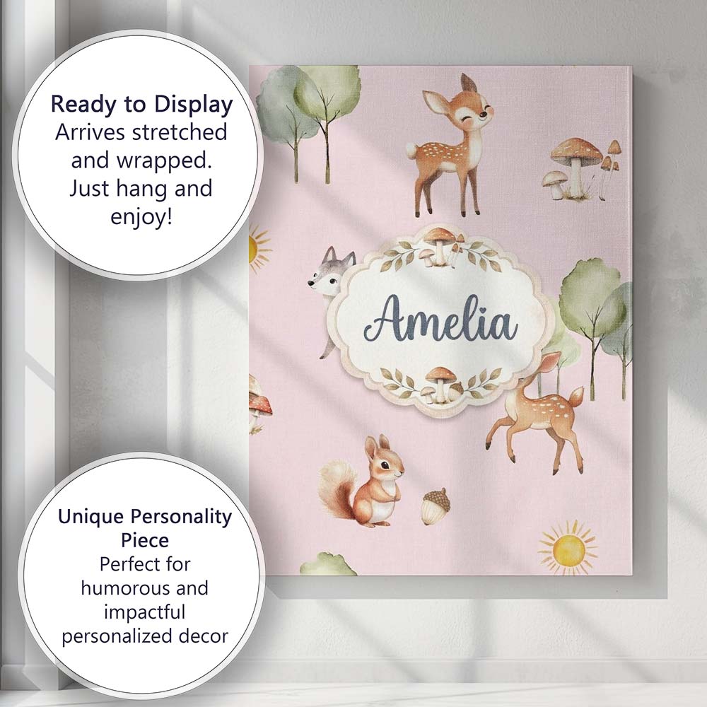 Personalised Name Woodland Deer Fox Squirrel Custom Bespoke Contemporary Display Canvas Wall Art Print Decor Picture Ready to Hang
