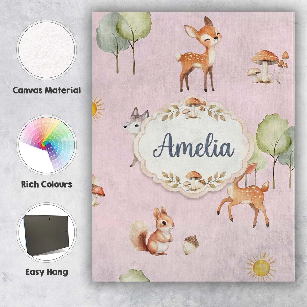 Personalised Name Woodland Deer Fox Squirrel Custom Bespoke Contemporary Display Canvas Wall Art Print Decor Picture Ready to Hang