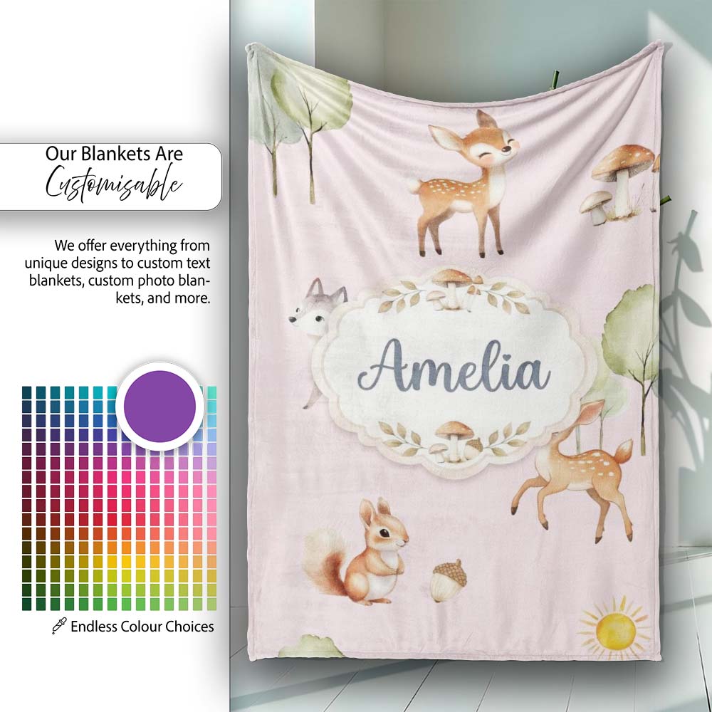 Woodland Deer Fox Squirrel Trees Mushrooms Sun Soft Pink Seamless Personalised Custom Name Super Soft Fleece Blanket Bed Sofa Throw