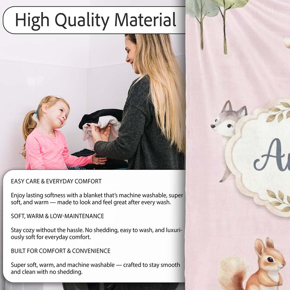 Woodland Deer Fox Squirrel Trees Mushrooms Sun Soft Pink Seamless Personalised Custom Name Super Soft Fleece Blanket Bed Sofa Throw