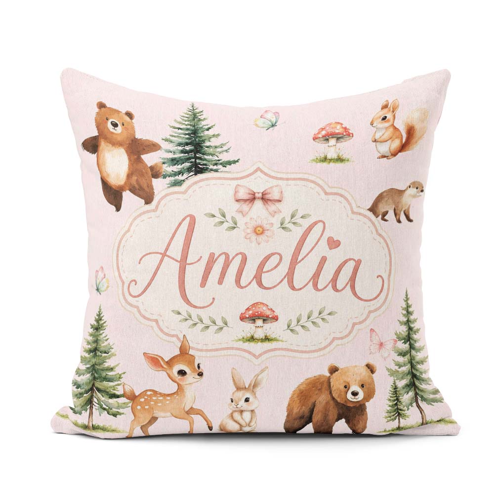 Custom Name Bear Bunny Squirrel Trees Mushrooms Butterfly Blush Square Filled Cushion Throw Pillow Sofa Bed Home Decor Zip Washable UK Made