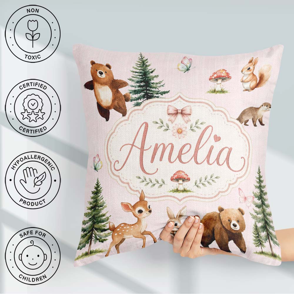 Custom Name Bear Bunny Squirrel Trees Mushrooms Butterfly Blush Square Filled Cushion Throw Pillow Sofa Bed Home Decor Zip Washable UK Made