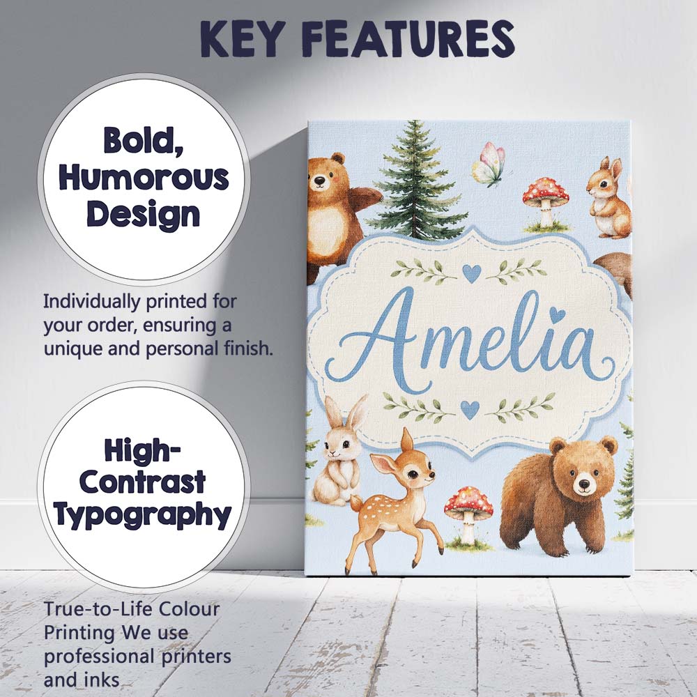 Personalised Name Bear Bunny Squirrel Trees Custom Bespoke Interior Contemporary Canvas Wall Art Print Decor Picture Ready to Hang