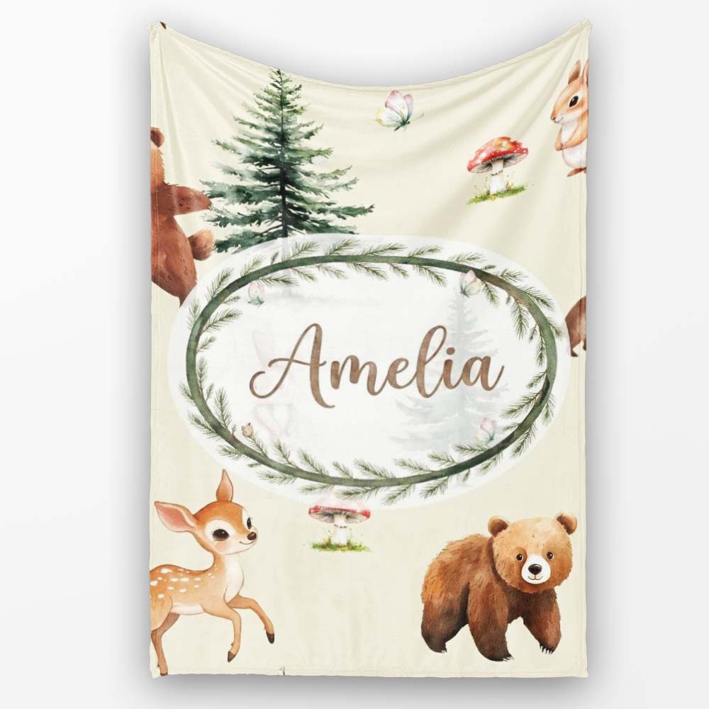 Bear Bunny Squirrel Trees Mushrooms Butterfly Soft Cream Seamless Personalised Custom Name Super Soft Fleece Blanket Bed Sofa Throw